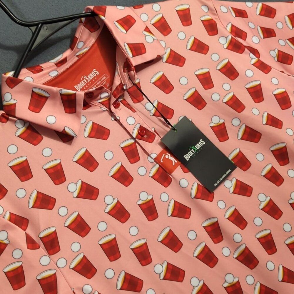 Bogey Bros Shirt Men's S Pink Polo Red Solo Cup Beer Pong Golf Performance NWT